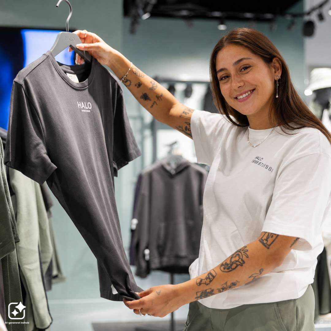 Medarbejder fra Halo på Frederiksberg viser t-shirt frem.  